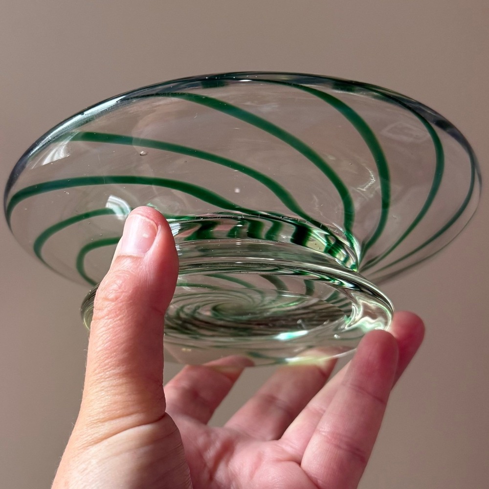 Green Swirl Handblown Glass Footed Bowl Clear Emerald Spiral Art Centerpiece‎